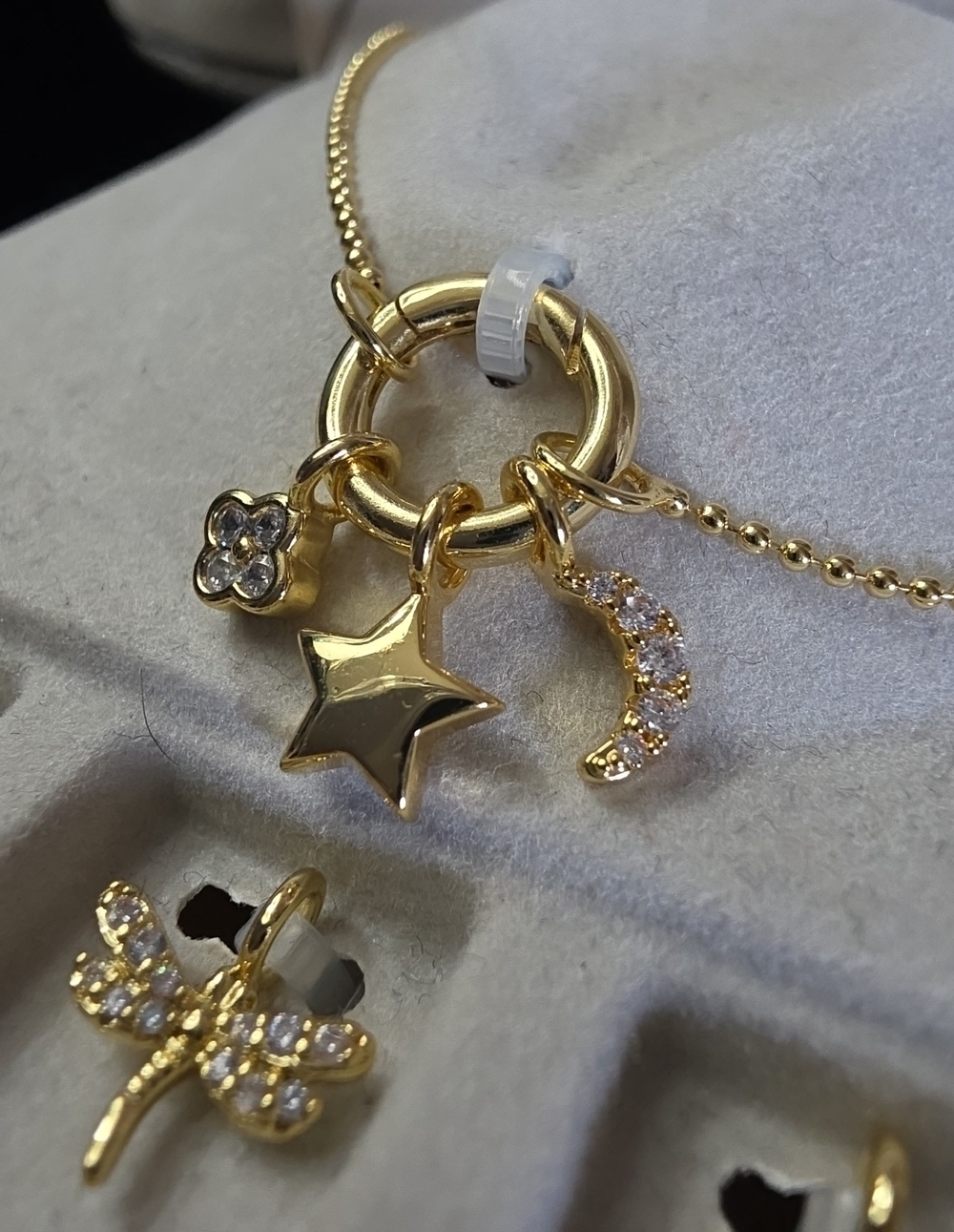 Charm Bar Necklace with Interchangeable Moon Star, Flower, Dragonfly, Hand, Dot